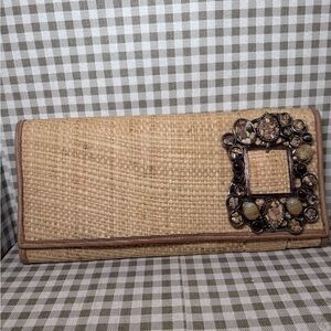 Leatherock Natural Straw Clutch with Decorative Gemmed Buckle